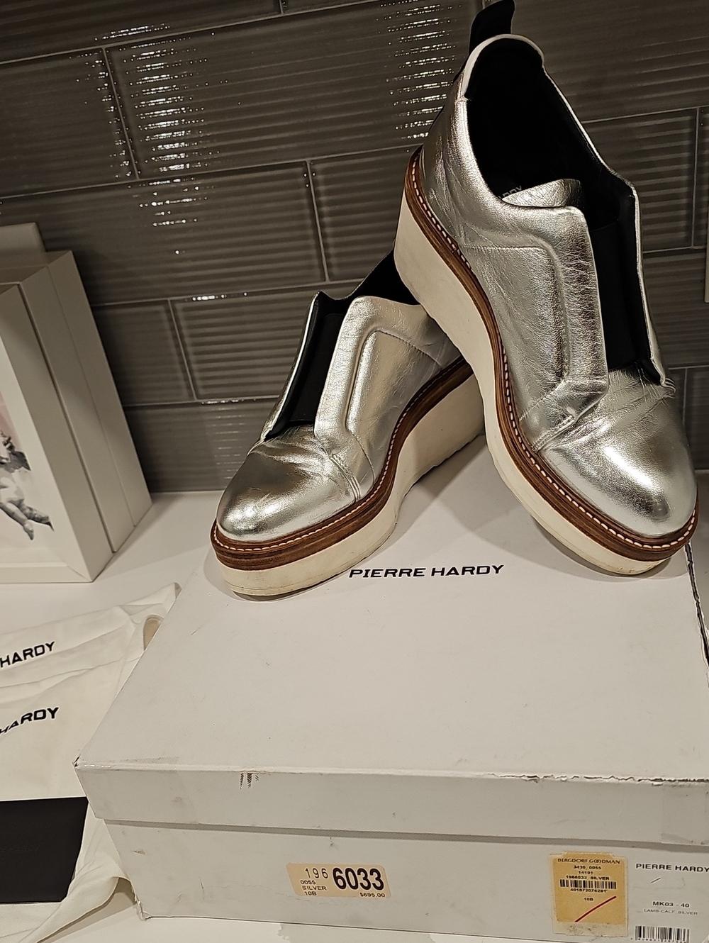 Pierre Hardy Silver Metallic Leather Platform Slip Ons